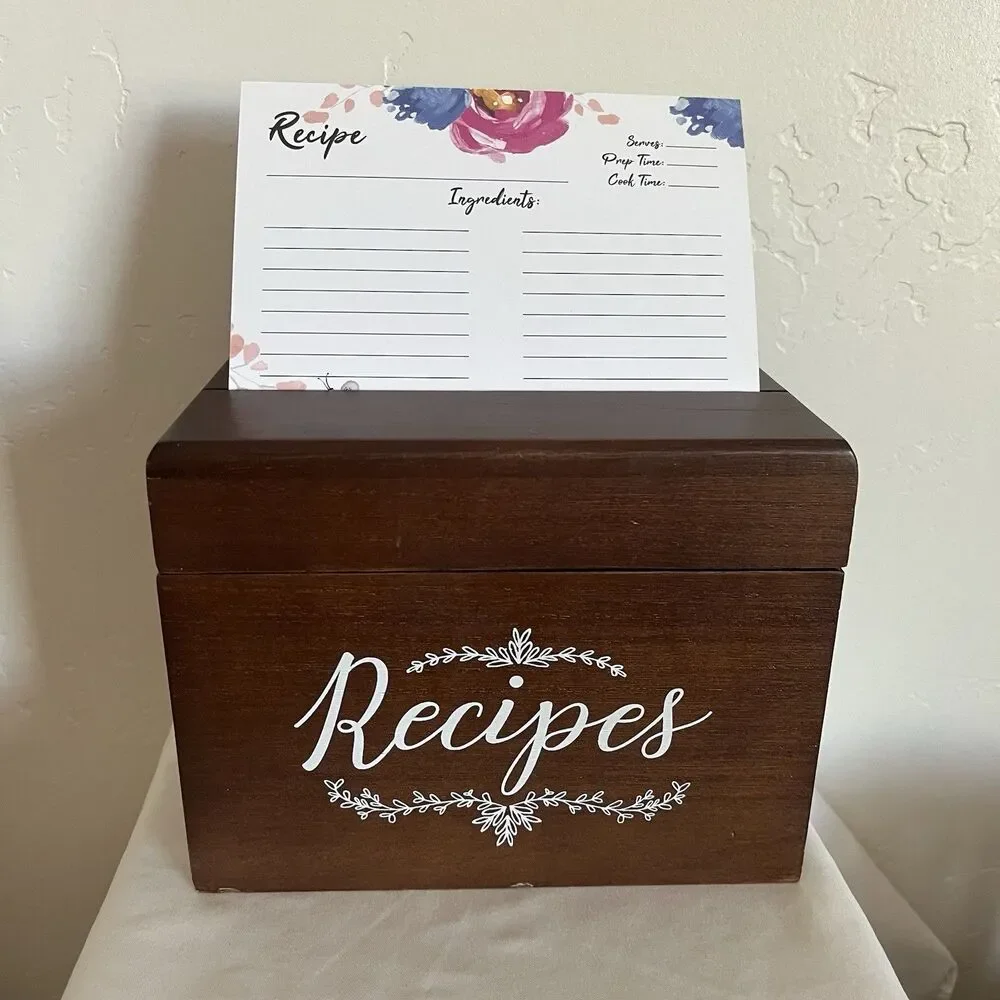 Outshine Wooden Recipe Box Set with Cards / Dividers Farmhouse Kitchen Brown